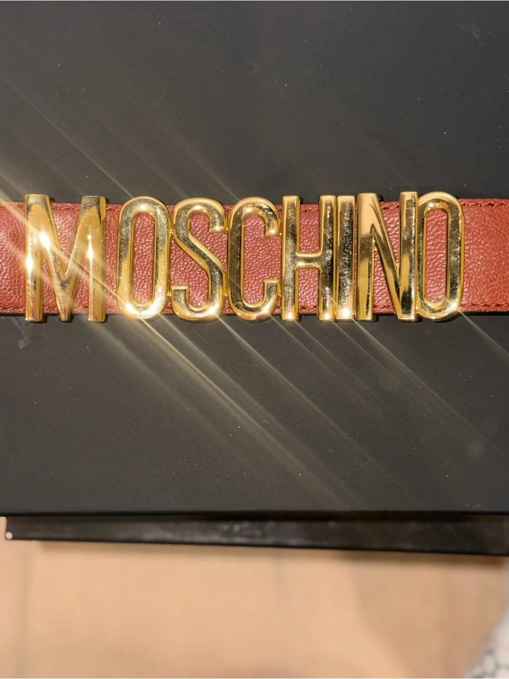Moschino Cognac Leather w Signature Logo Belt with Gold Lettering